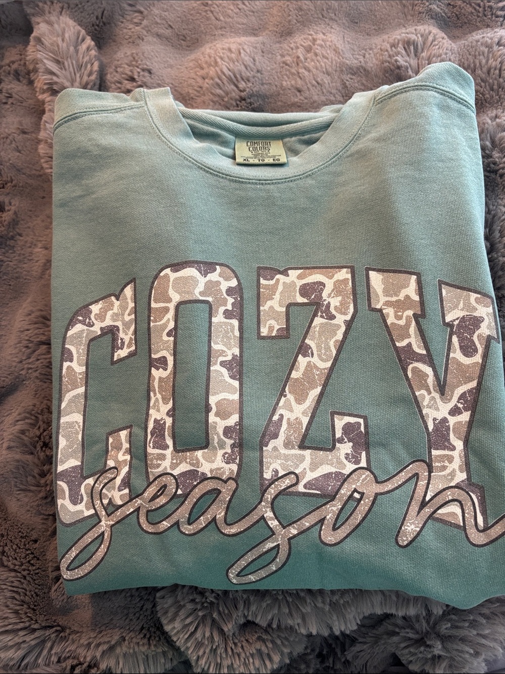 Comfort Colors Kids' Crewneck Sweatshirt in Teal with Camo 'COZY season' Graphic